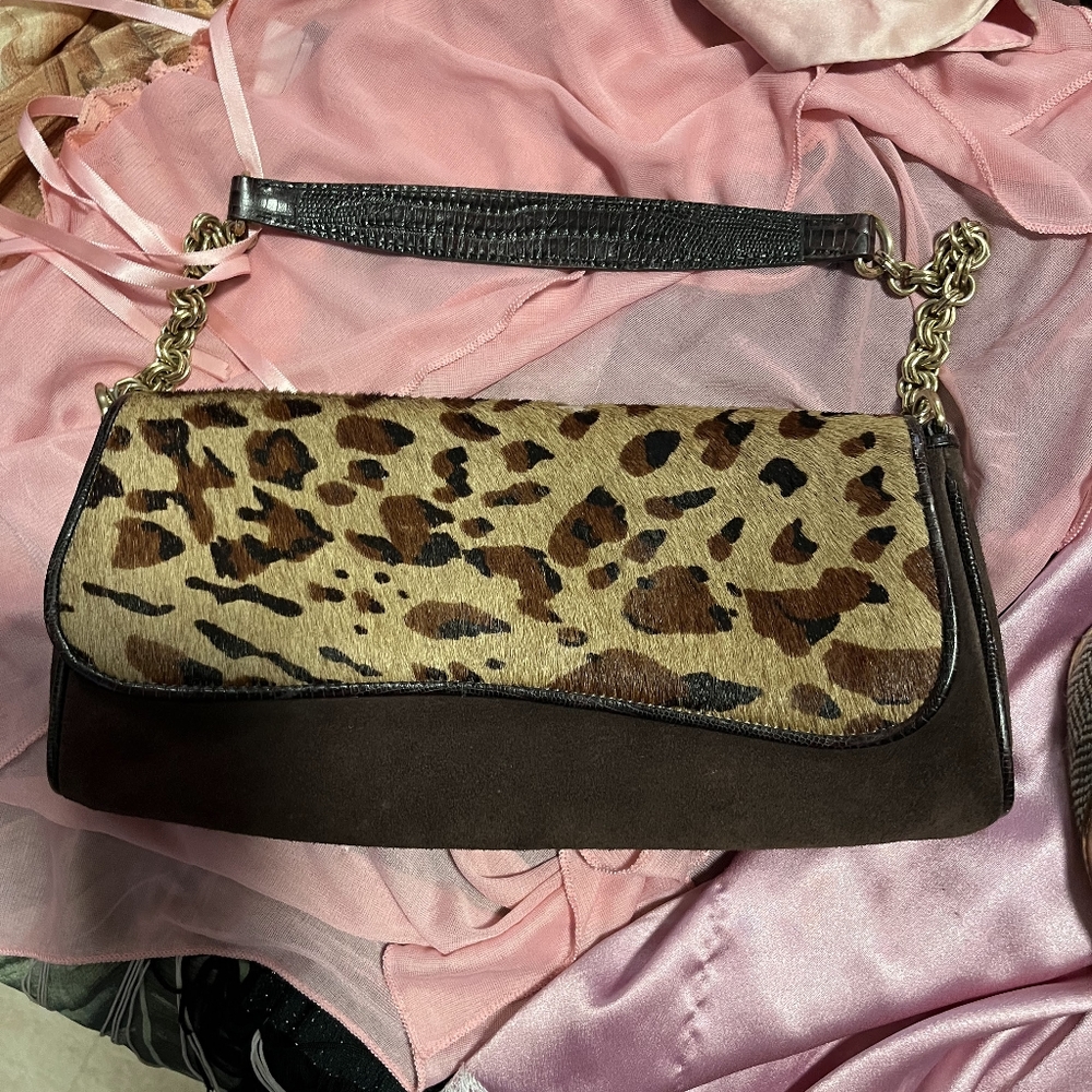 Leopard fur gold chain small purse